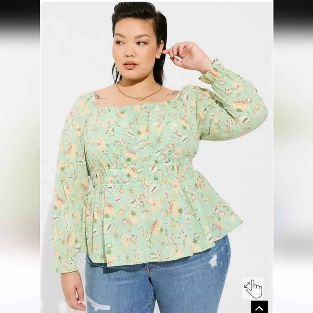 Torrid Green Cotton Clip Dot Blouson Sleeve Smocked Boho Top Womens Size 2x
